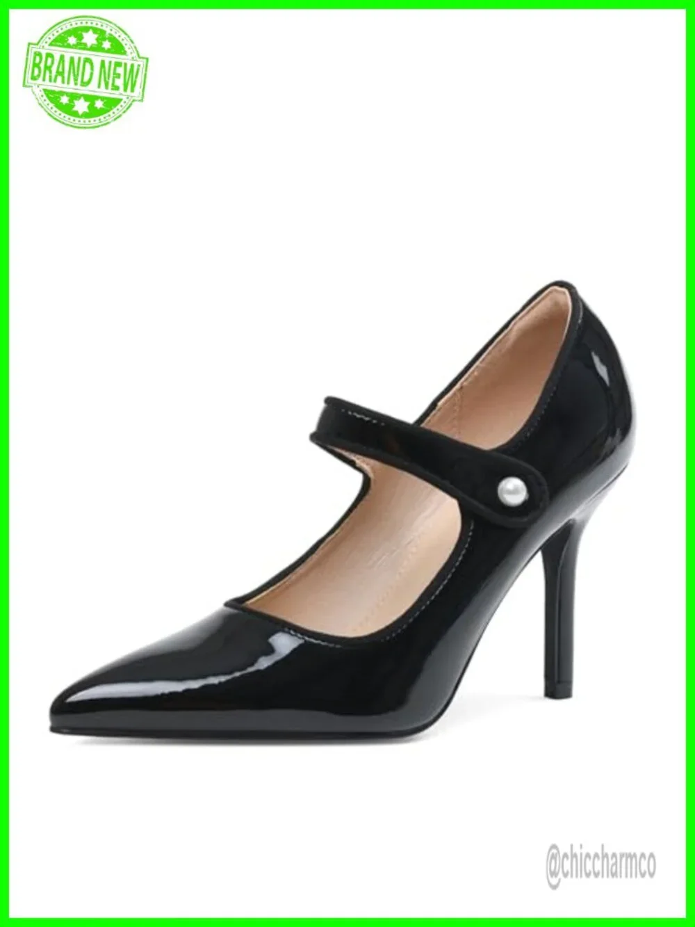 Closed Toe Pointed Pumps with Pearl Button Strap Mary Jane Heels